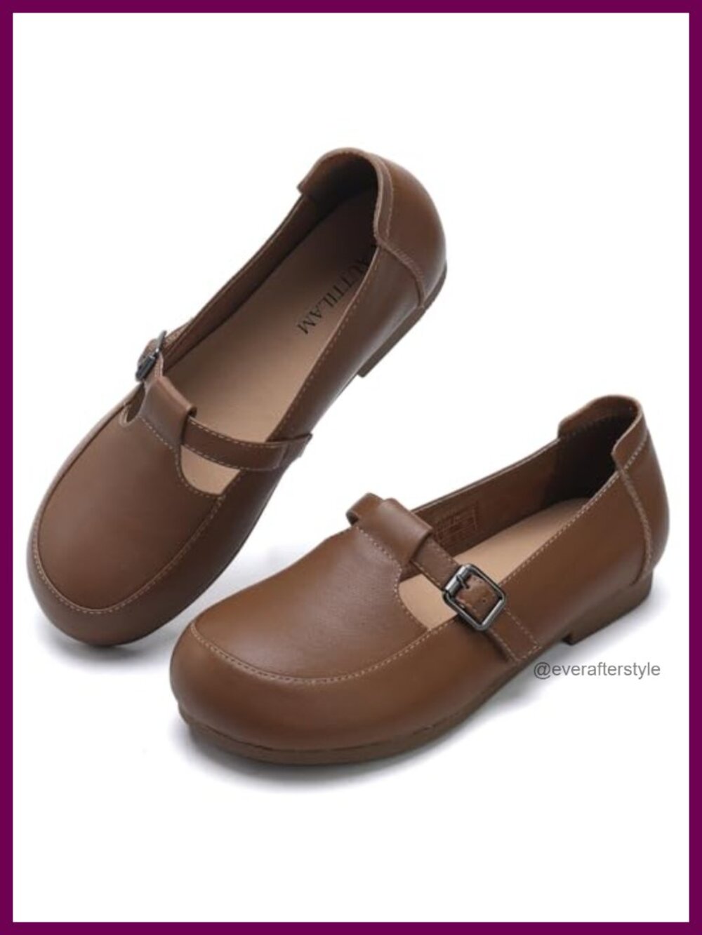 Women's Leather Loafers Round Toe Slip-On Flats with Buckle